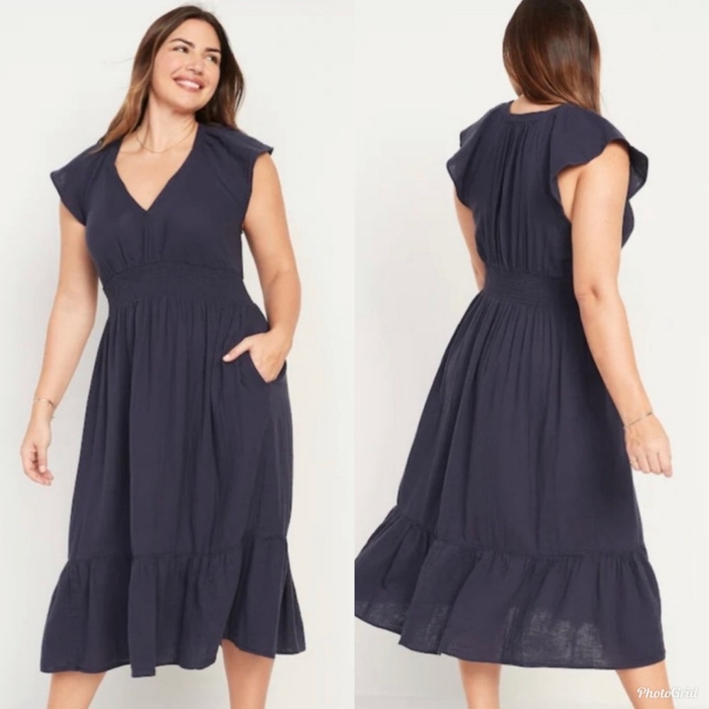 Old Navy Waist-Defined Flutter-Sleeve Smocked Midi Dress in Volcanic Glass Navy